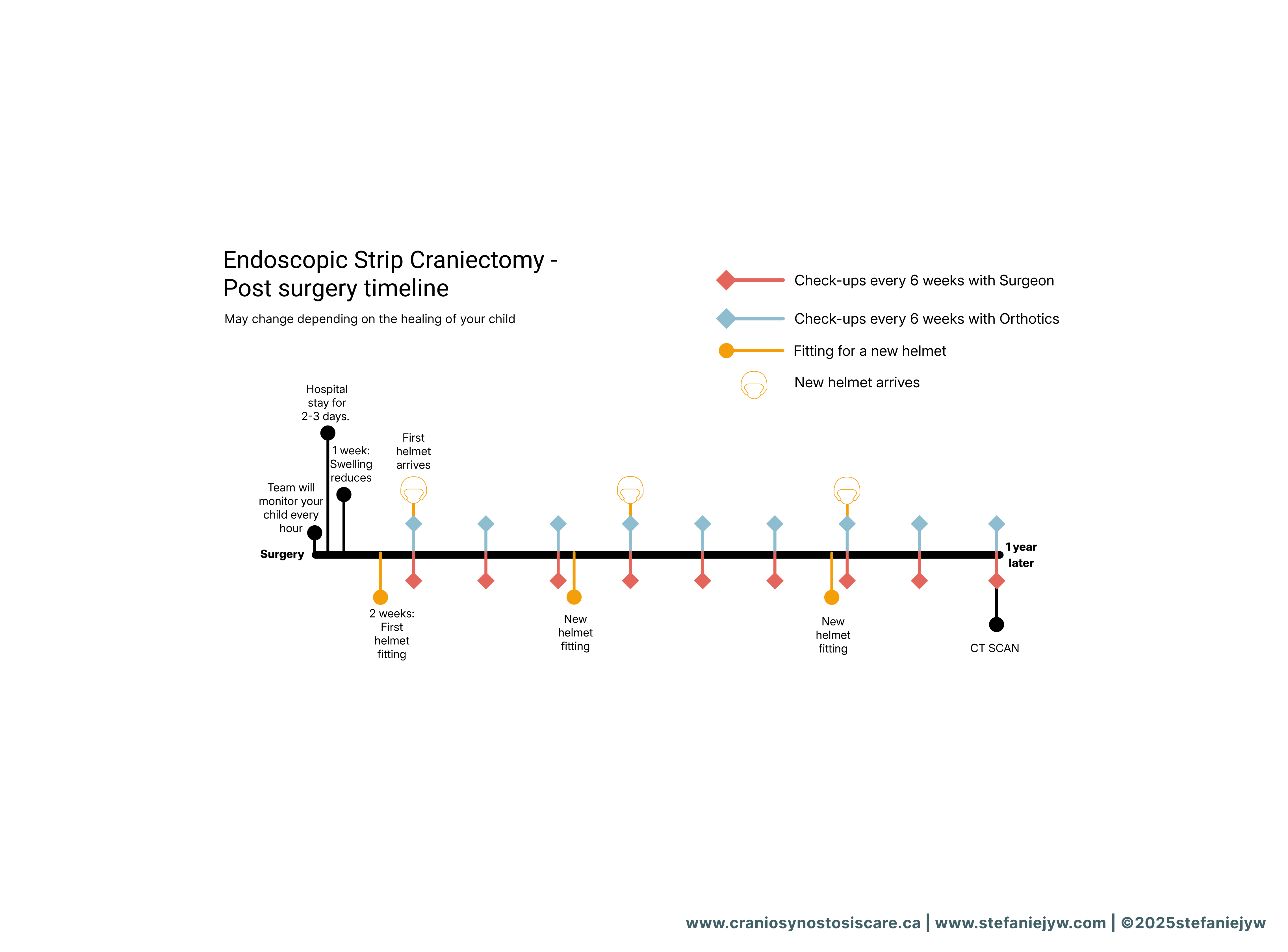 A post-surgery timeline for Endoscopic Strip Craniectomy, titled Endoscopic Strip Craniectomy - Post surgery timeline, with a note that it May change depending on the healing of your child. The timeline begins with Surgery, followed by Hospital stay for 2-3 days. A team monitors the infant every hour. One week after surgery, swelling reduces and the first helmet arrives. Two weeks post-surgery, the first helmet fitting occurs. Check-ups with the surgeon (orange diamonds) and orthotics (blue diamonds) are scheduled every 6 weeks. New helmet fittings (yellow circles) occur at approximately 3 months and 7 months post-surgery, with new helmets arriving (orange outlined circles) shortly before the fittings. A CT scan is scheduled 1 year after surgery.